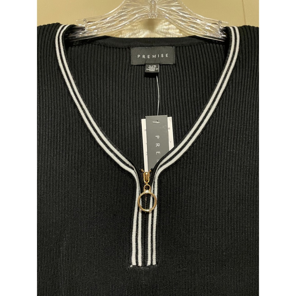 Premise Womens Black Ribbed Quarter Zip Sweater Gold O-Ring V-Neck Large NWT